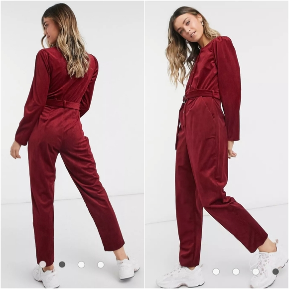 Asos Design Long Sleeve Button Front Belted Corduroy Jumpsuit in Burnt Red - Picture 3 of 11